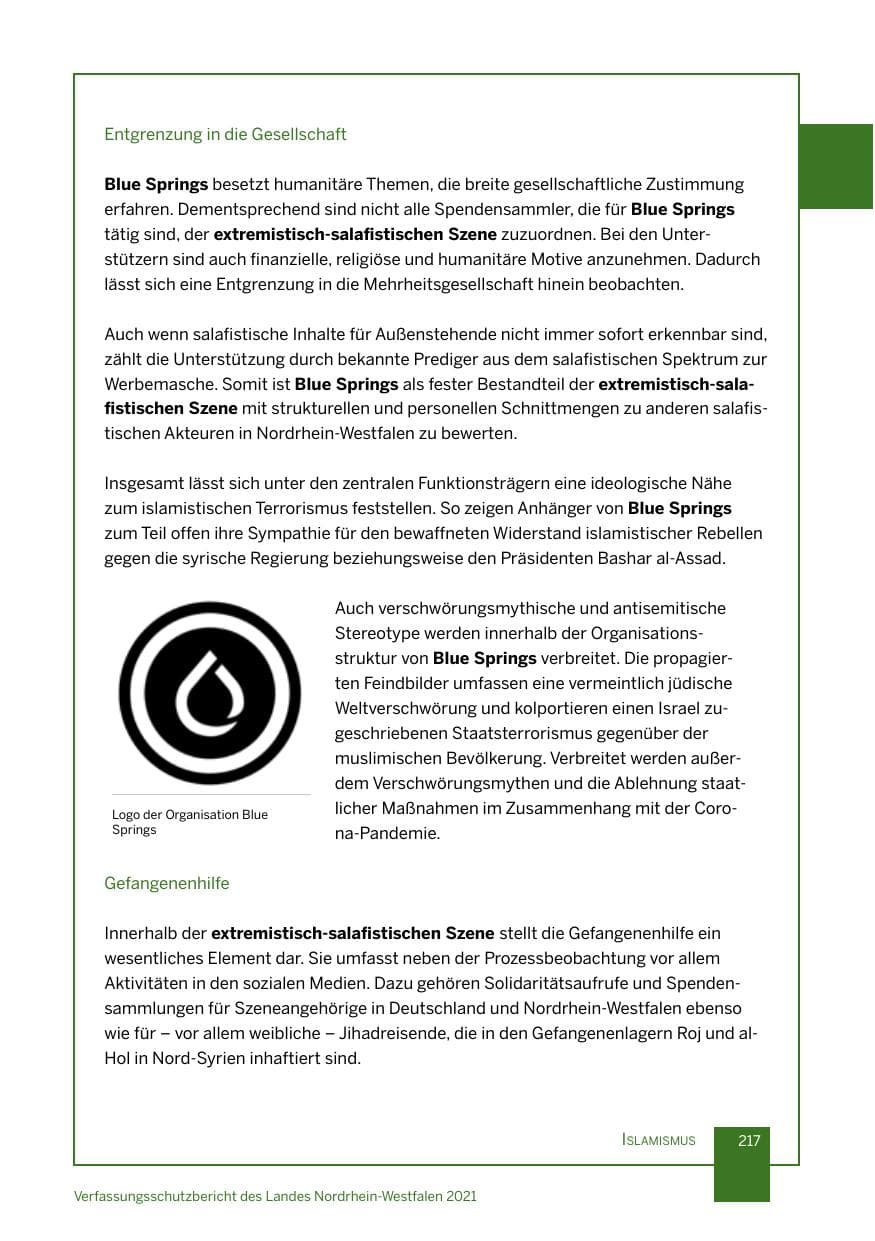 Seite 218 des Verfassungsschutzbericht 2021 Nordrhein-Westfalen