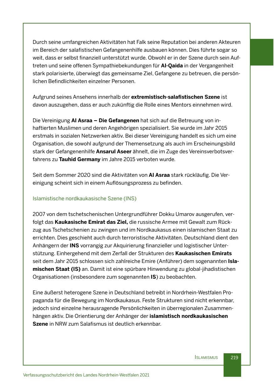 Seite 220 des Verfassungsschutzbericht 2021 Nordrhein-Westfalen