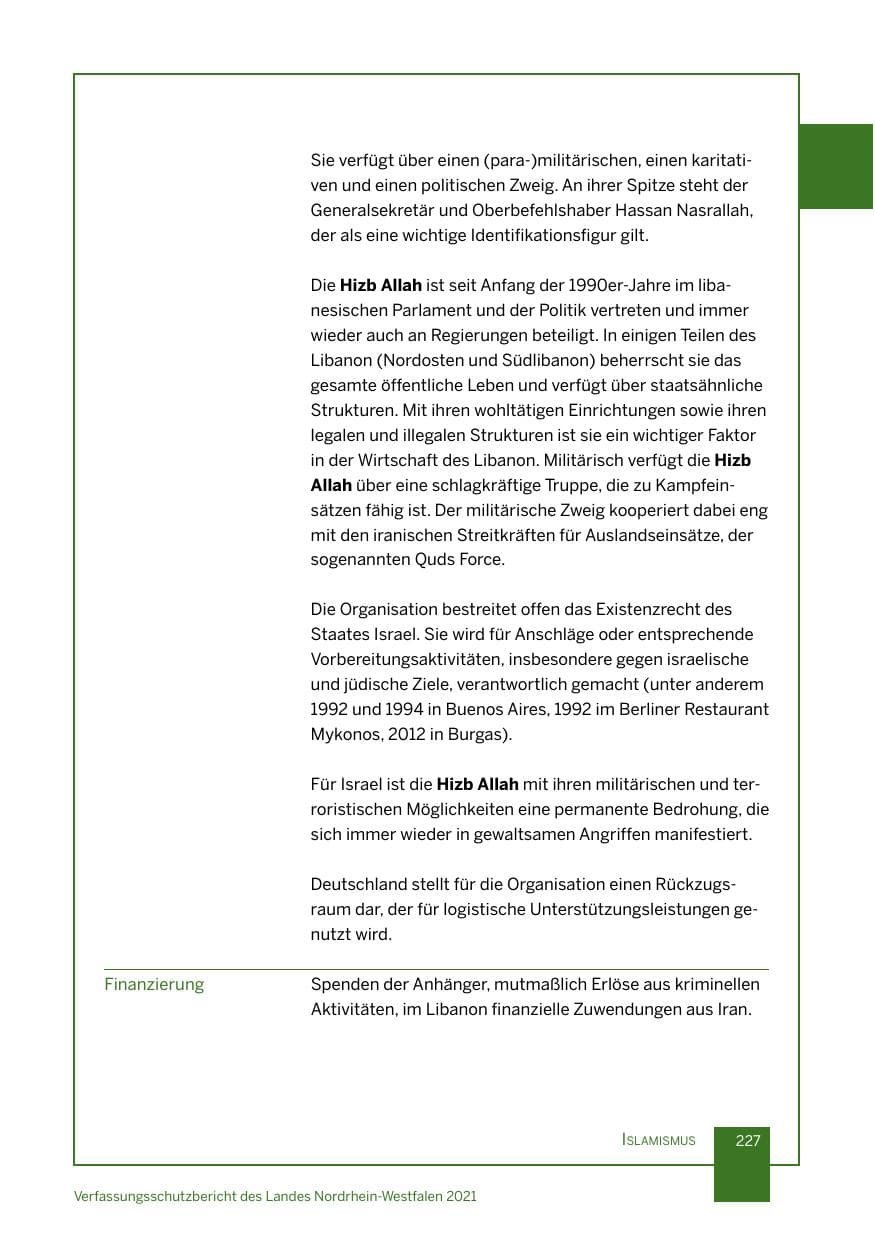 Seite 228 des Verfassungsschutzbericht 2021 Nordrhein-Westfalen