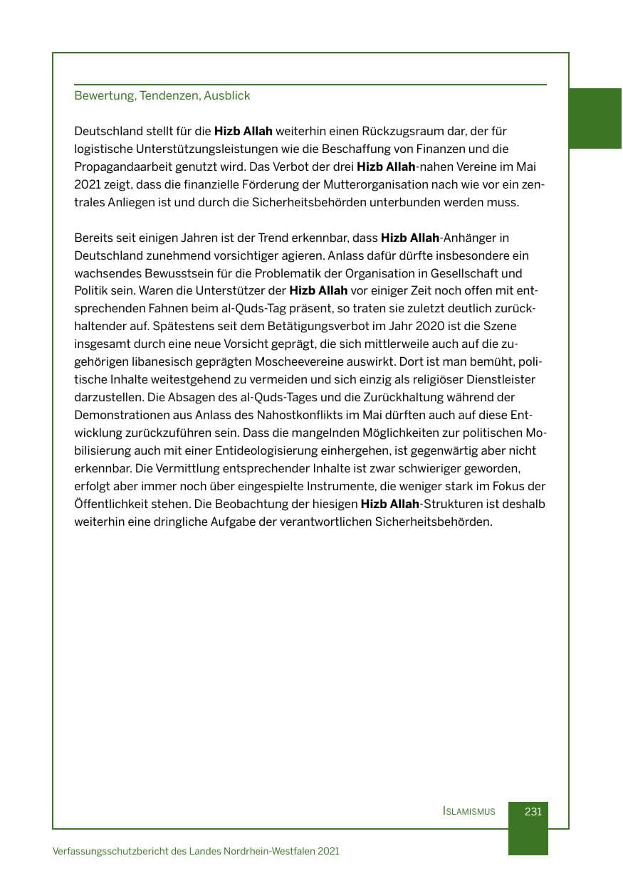 Seite 232 des Verfassungsschutzbericht 2021 Nordrhein-Westfalen