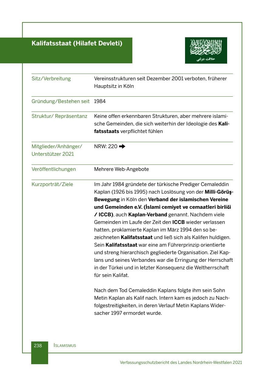 Seite 239 des Verfassungsschutzbericht 2021 Nordrhein-Westfalen