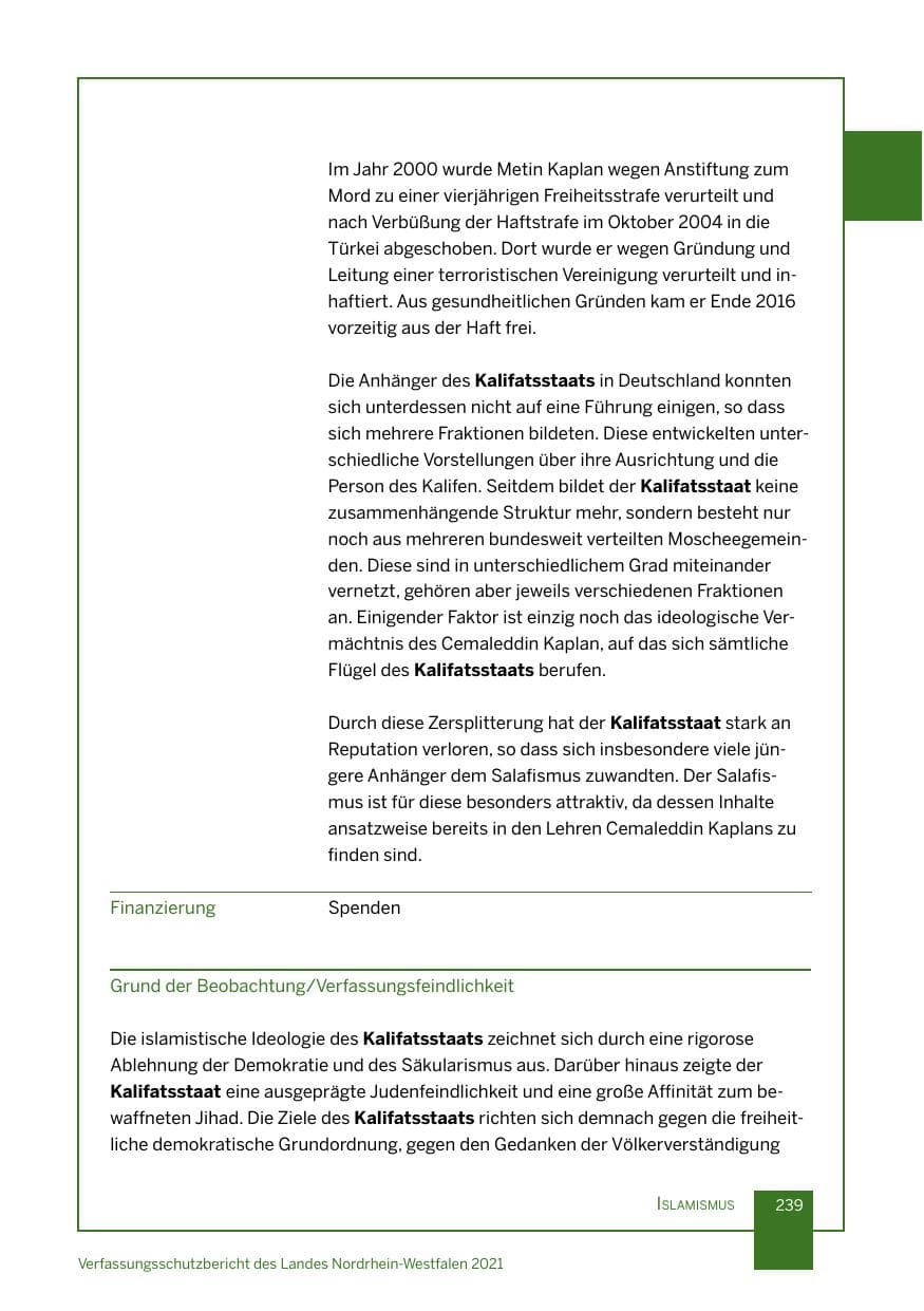 Seite 240 des Verfassungsschutzbericht 2021 Nordrhein-Westfalen