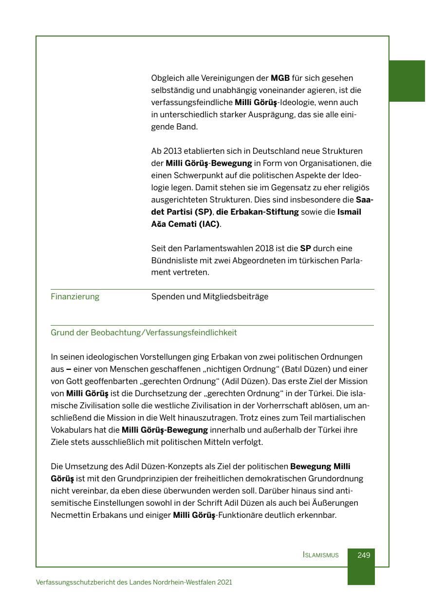Seite 250 des Verfassungsschutzbericht 2021 Nordrhein-Westfalen