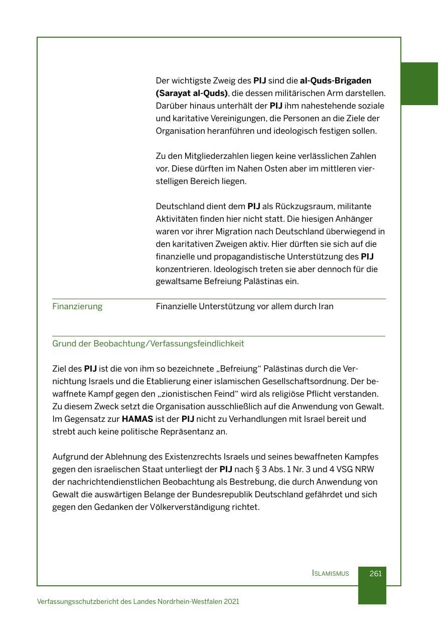 Seite 262 des Verfassungsschutzbericht 2021 Nordrhein-Westfalen