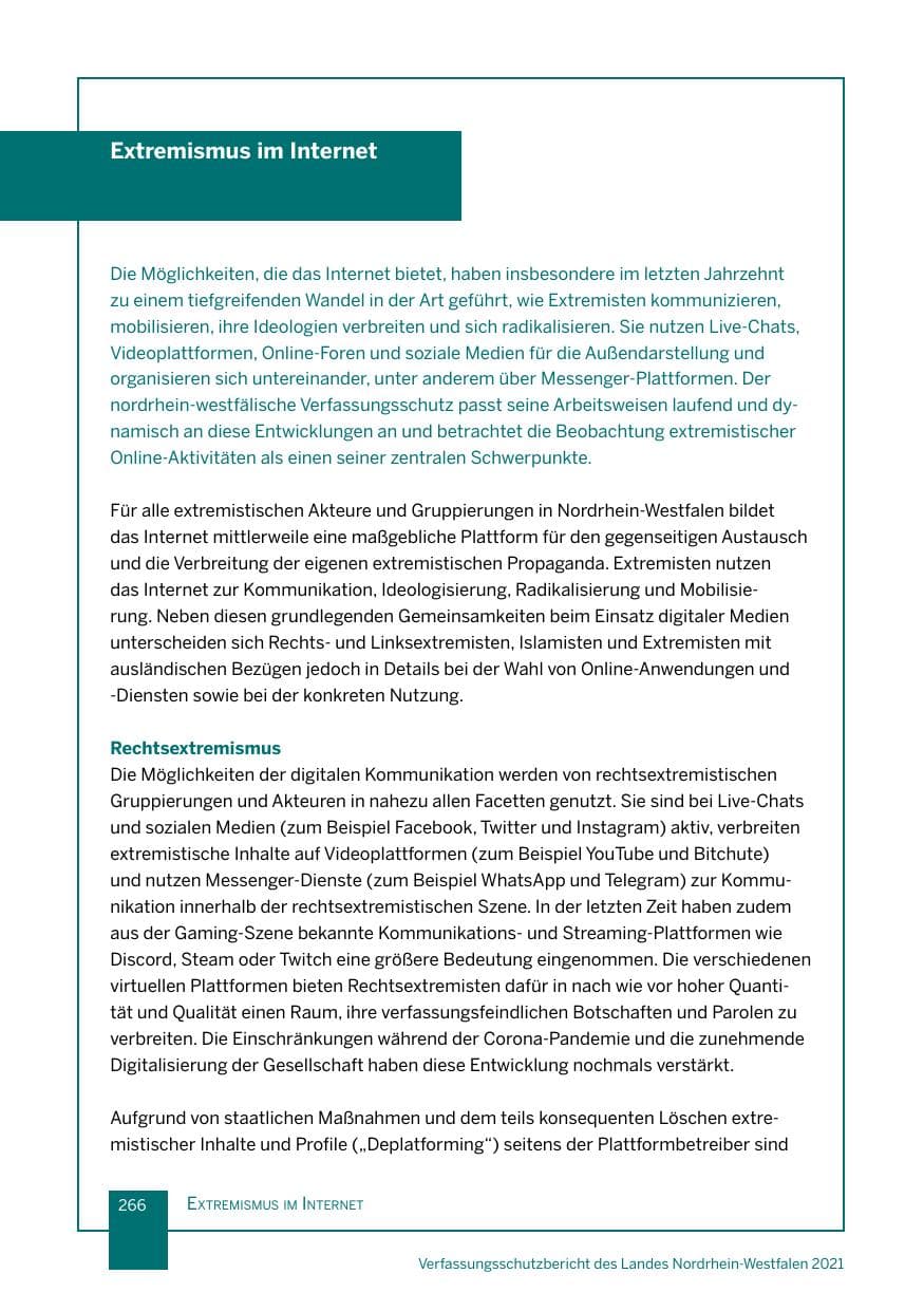 Seite 267 des Verfassungsschutzbericht 2021 Nordrhein-Westfalen