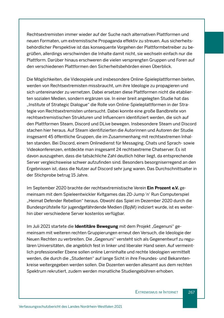 Seite 268 des Verfassungsschutzbericht 2021 Nordrhein-Westfalen