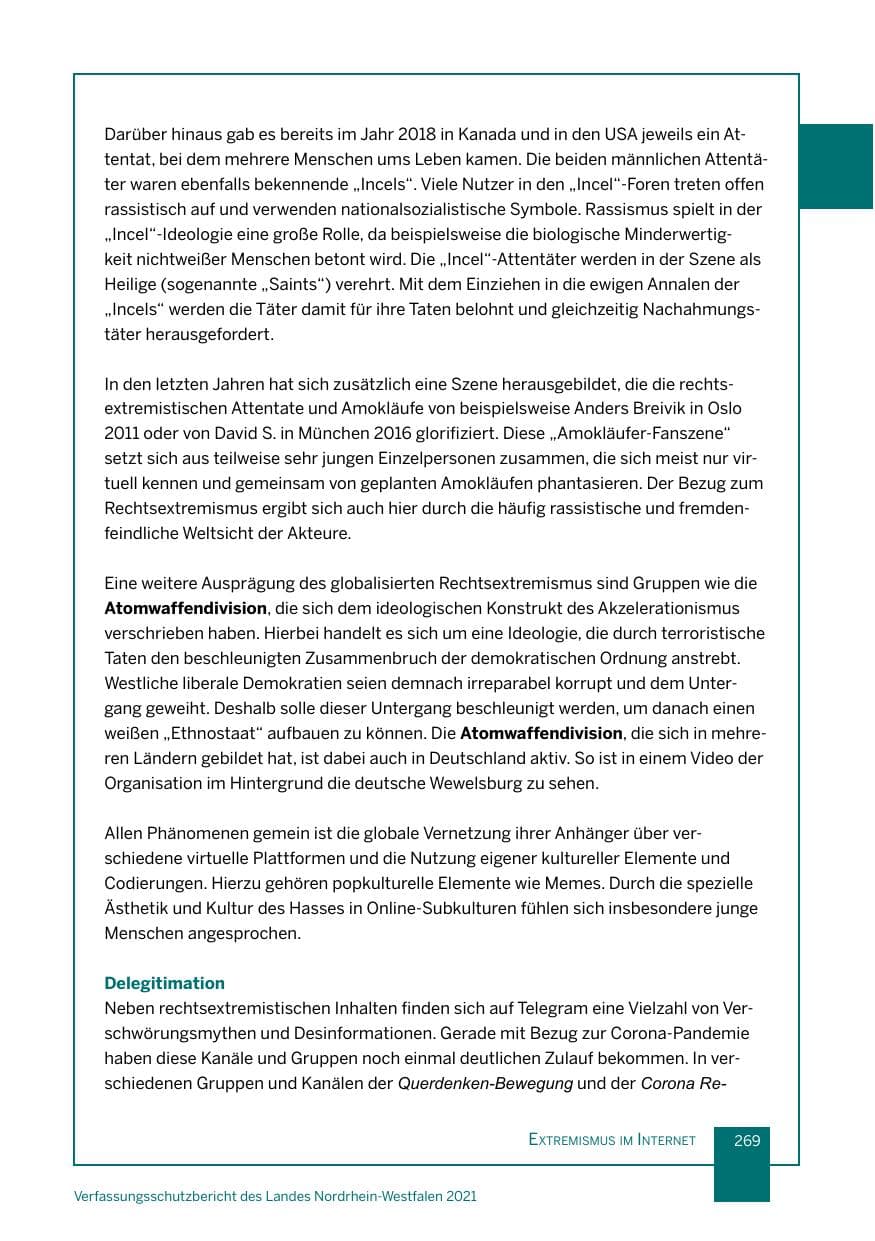 Seite 270 des Verfassungsschutzbericht 2021 Nordrhein-Westfalen