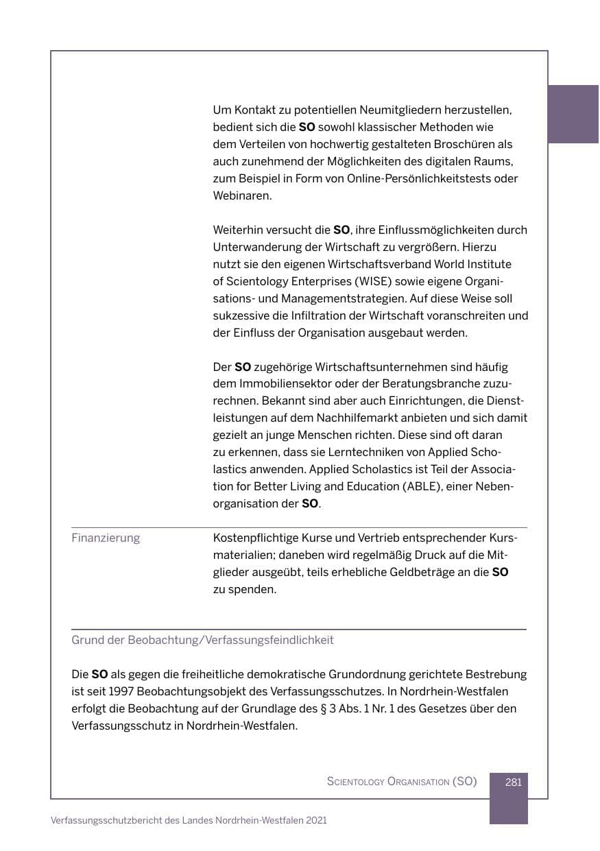 Seite 282 des Verfassungsschutzbericht 2021 Nordrhein-Westfalen