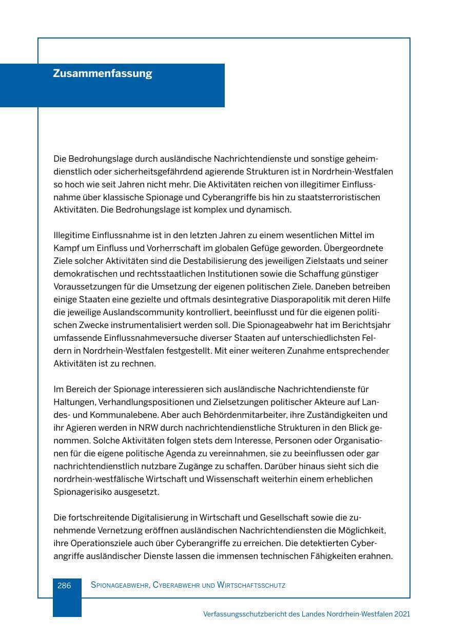 Seite 287 des Verfassungsschutzbericht 2021 Nordrhein-Westfalen