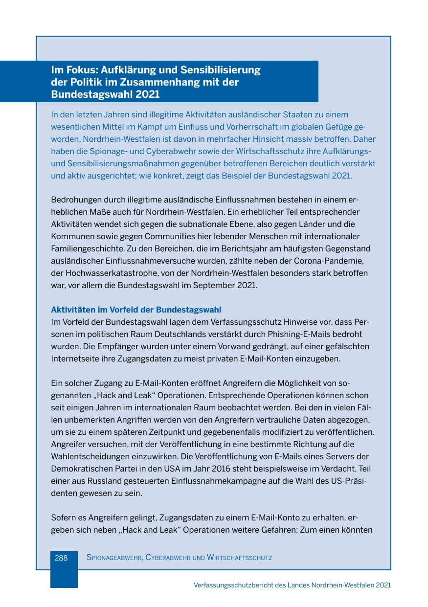 Seite 289 des Verfassungsschutzbericht 2021 Nordrhein-Westfalen