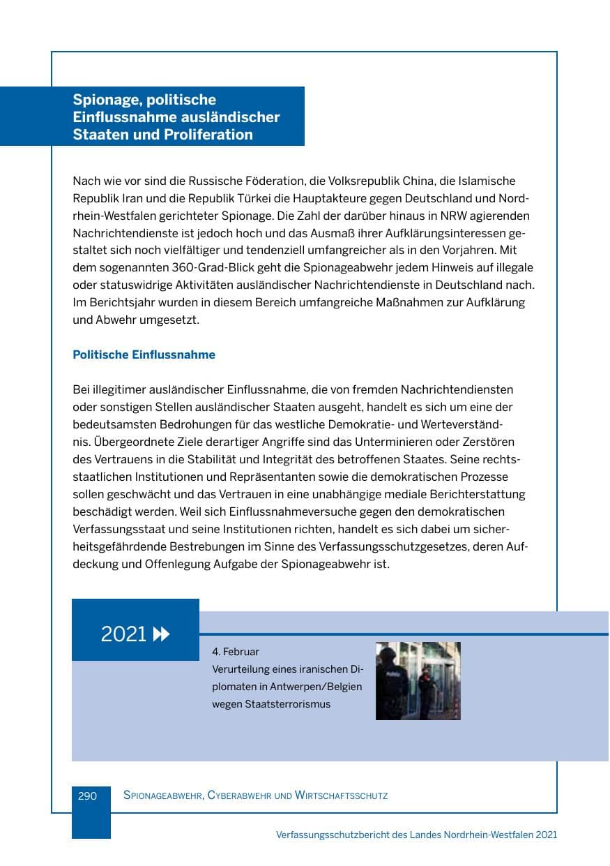 Seite 291 des Verfassungsschutzbericht 2021 Nordrhein-Westfalen
