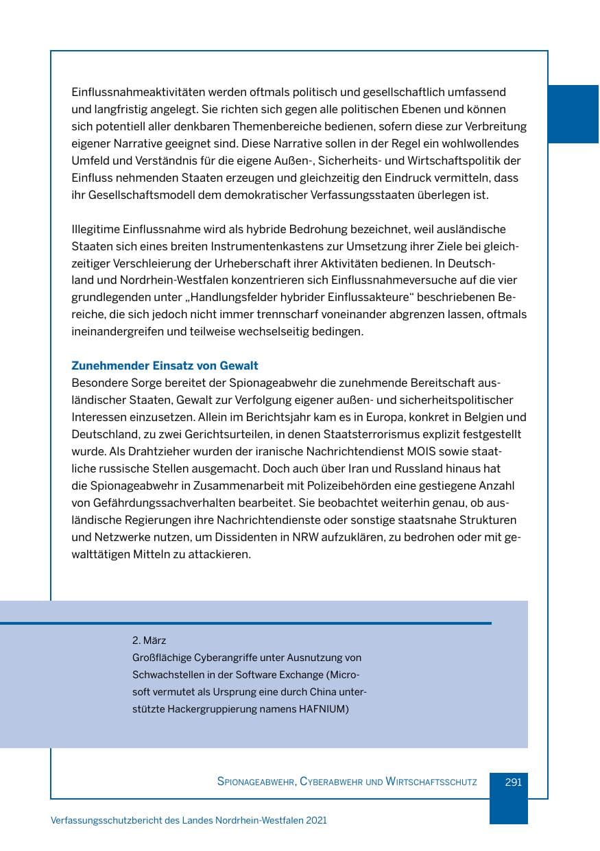 Seite 292 des Verfassungsschutzbericht 2021 Nordrhein-Westfalen