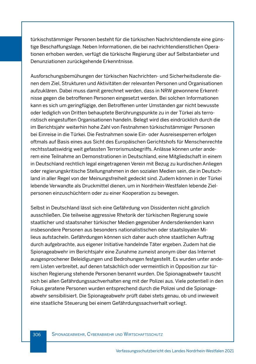 Seite 307 des Verfassungsschutzbericht 2021 Nordrhein-Westfalen