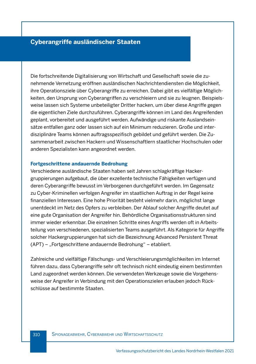 Seite 311 des Verfassungsschutzbericht 2021 Nordrhein-Westfalen
