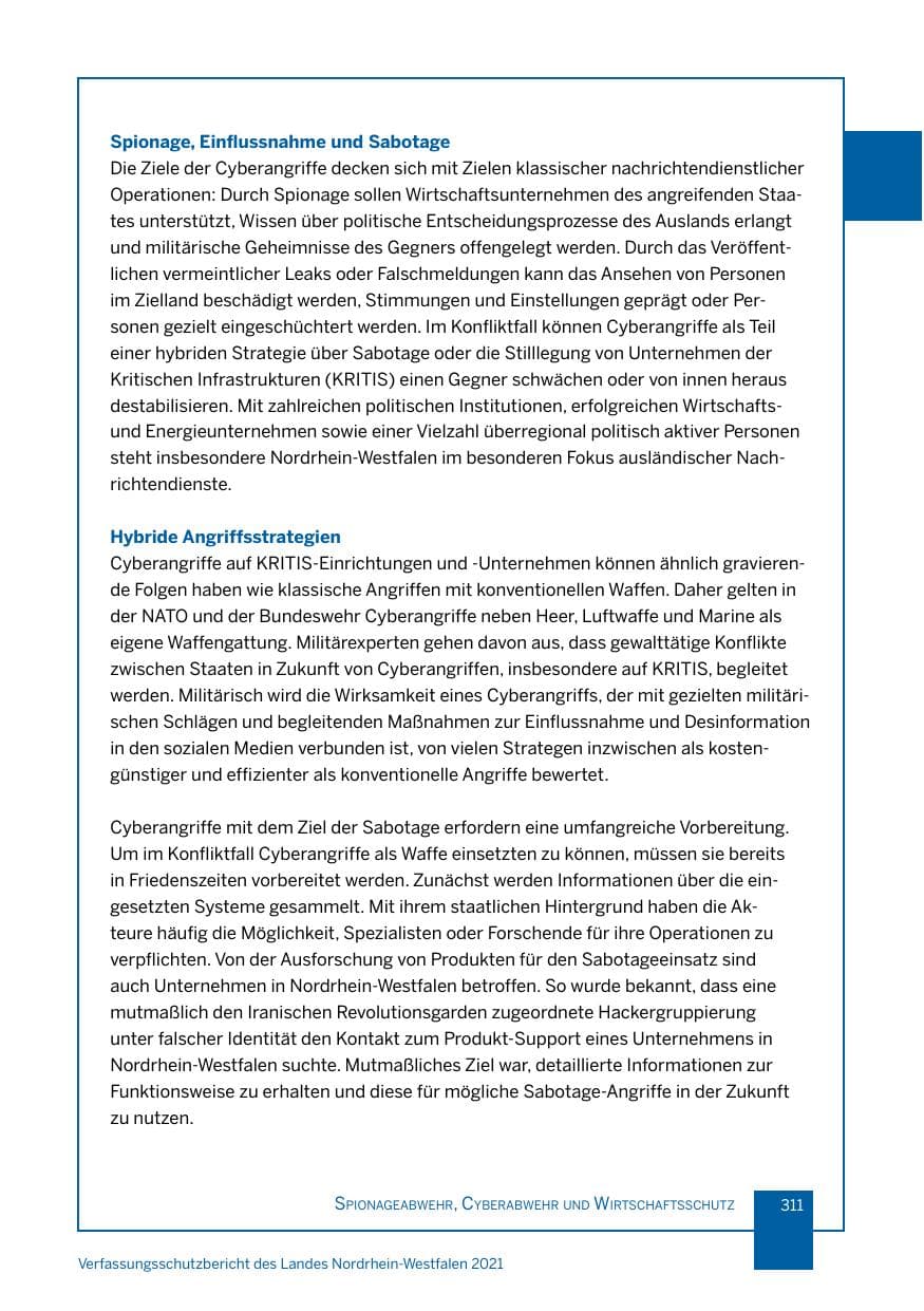 Seite 312 des Verfassungsschutzbericht 2021 Nordrhein-Westfalen