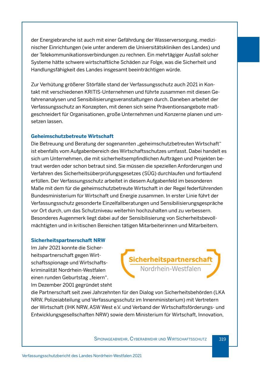 Seite 320 des Verfassungsschutzbericht 2021 Nordrhein-Westfalen