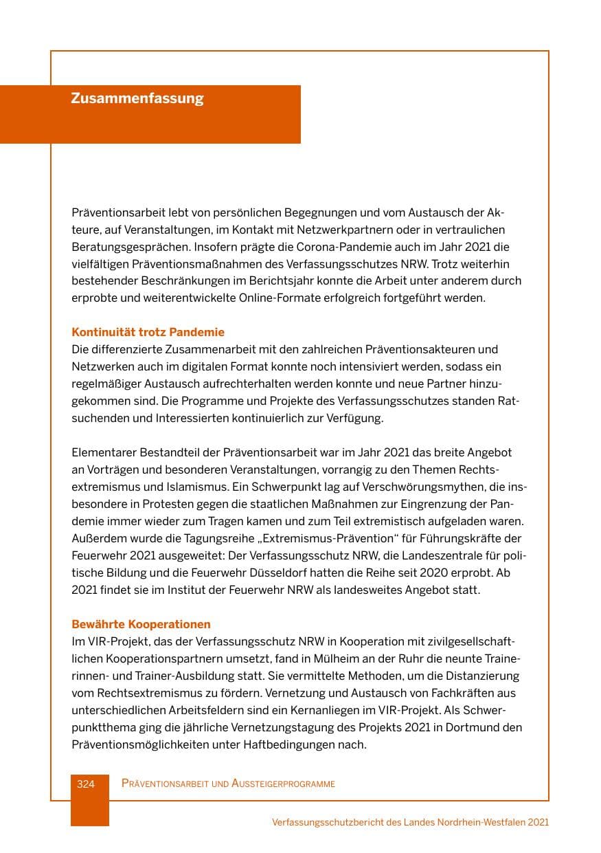 Seite 325 des Verfassungsschutzbericht 2021 Nordrhein-Westfalen