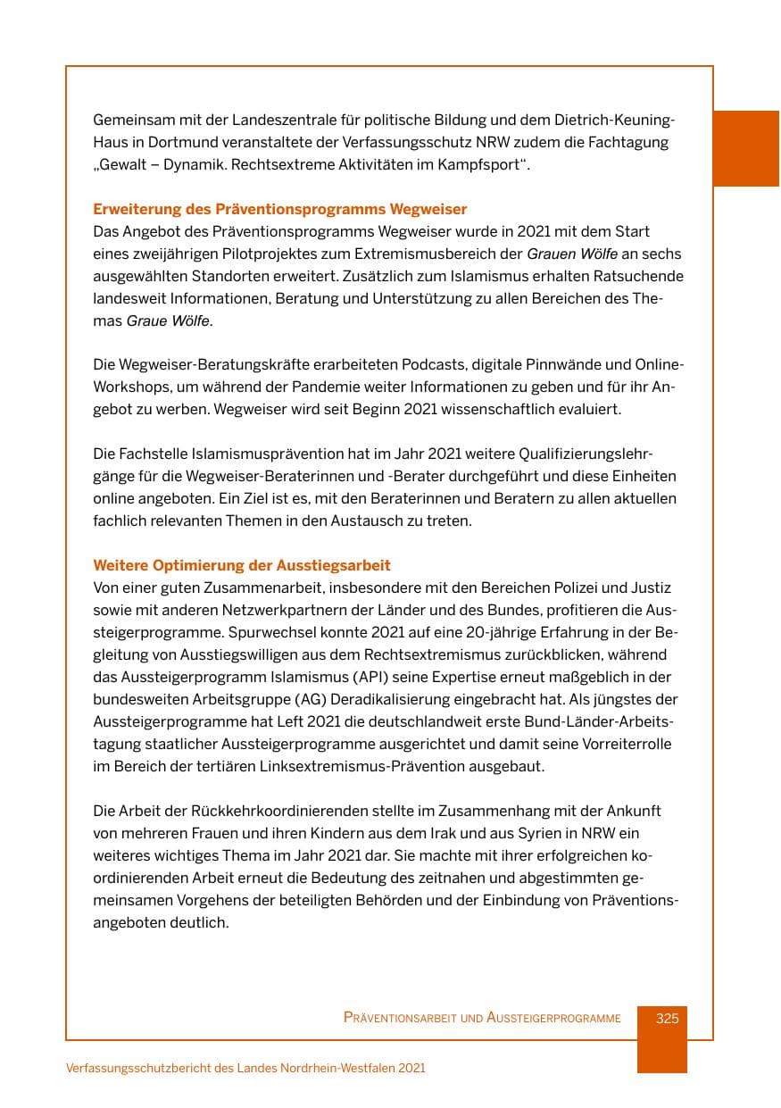 Seite 326 des Verfassungsschutzbericht 2021 Nordrhein-Westfalen
