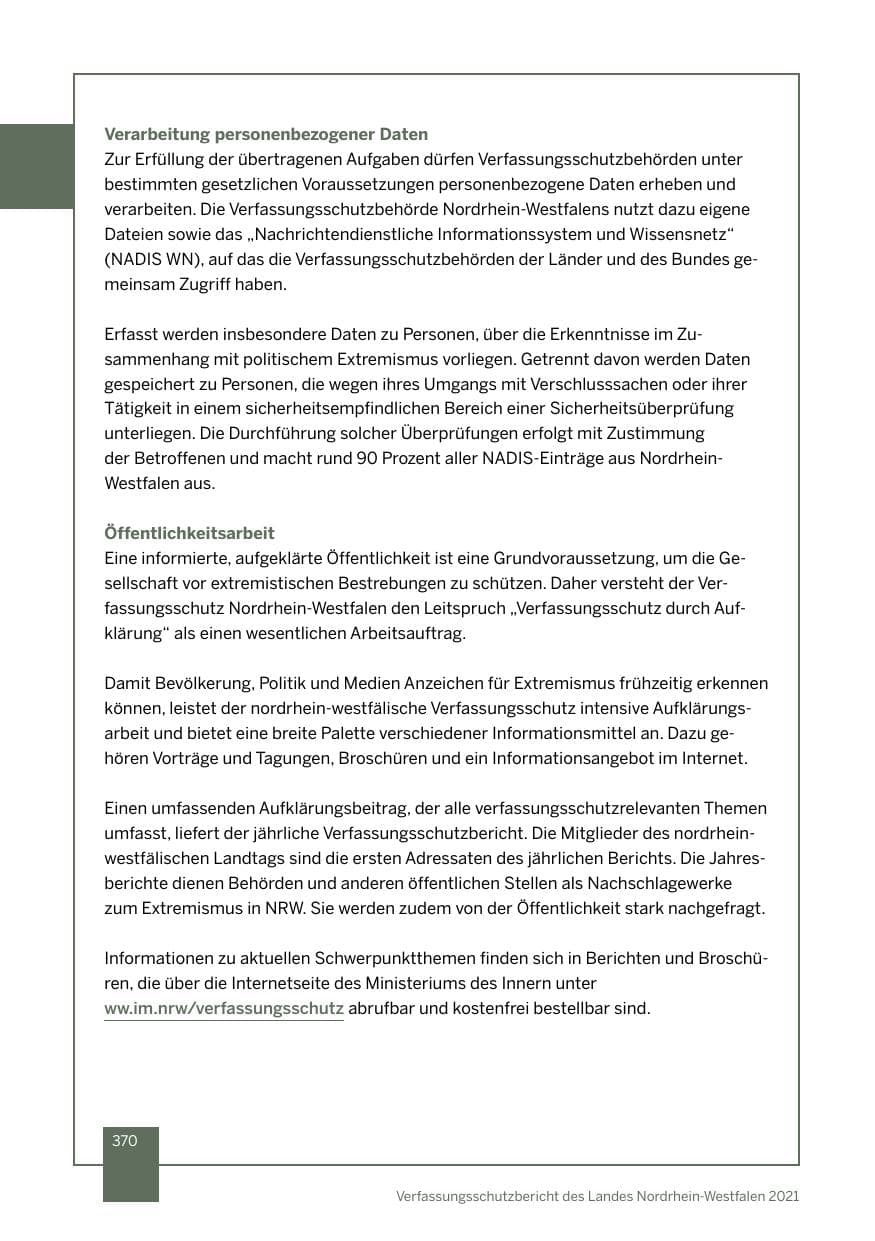 Seite 371 des Verfassungsschutzbericht 2021 Nordrhein-Westfalen
