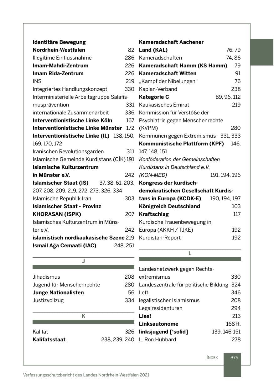 Seite 376 des Verfassungsschutzbericht 2021 Nordrhein-Westfalen