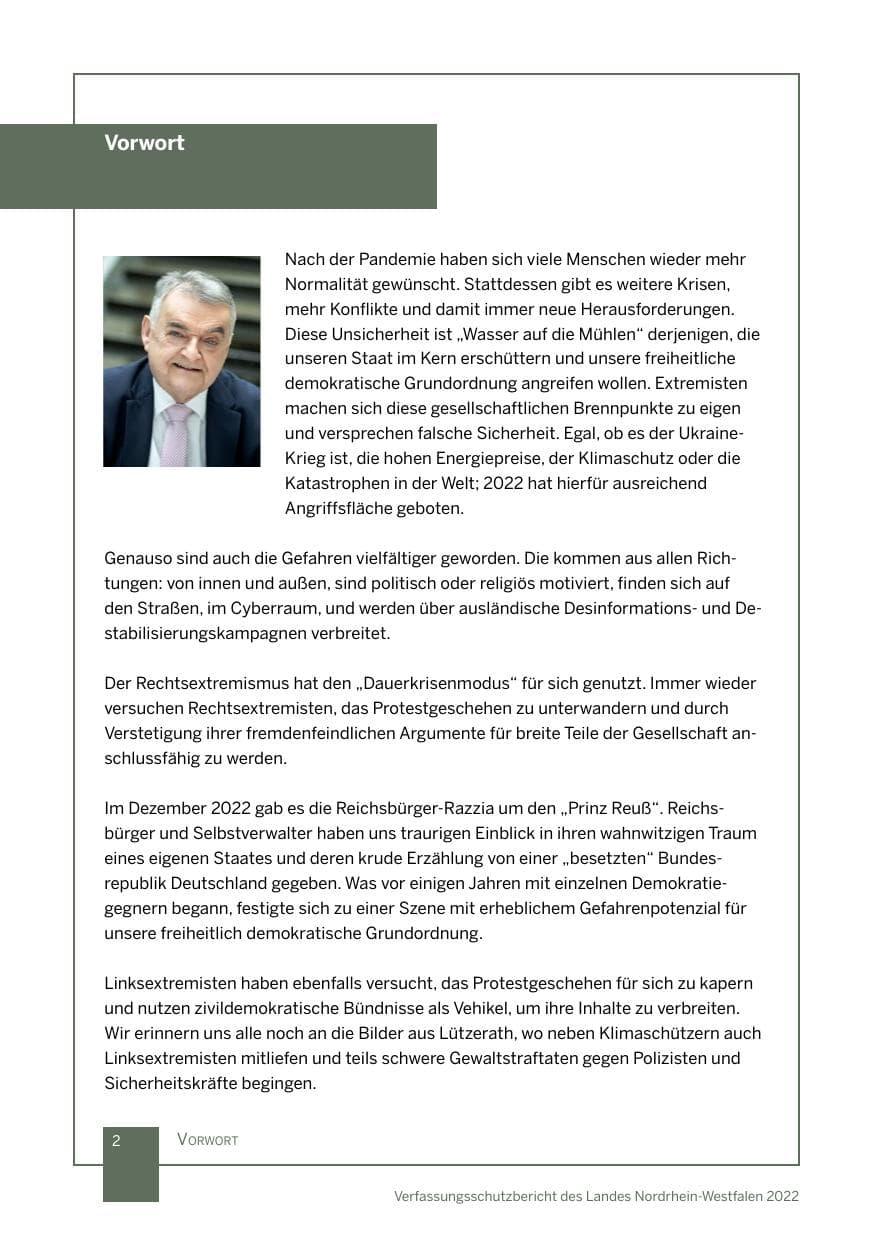 Seite 2 des Verfassungsschutzbericht 2022 Nordrhein-Westfalen