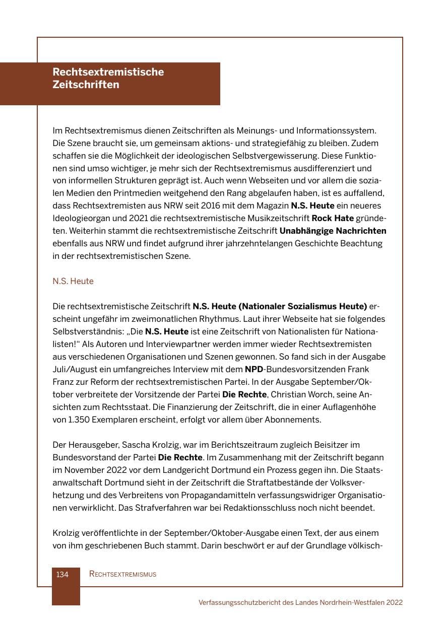 Seite 134 des Verfassungsschutzbericht 2022 Nordrhein-Westfalen