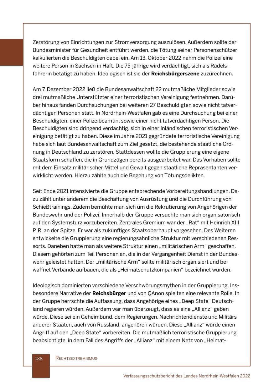 Seite 138 des Verfassungsschutzbericht 2022 Nordrhein-Westfalen