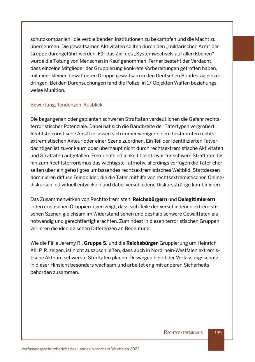 Seite 139 des Verfassungsschutzbericht 2022 Nordrhein-Westfalen