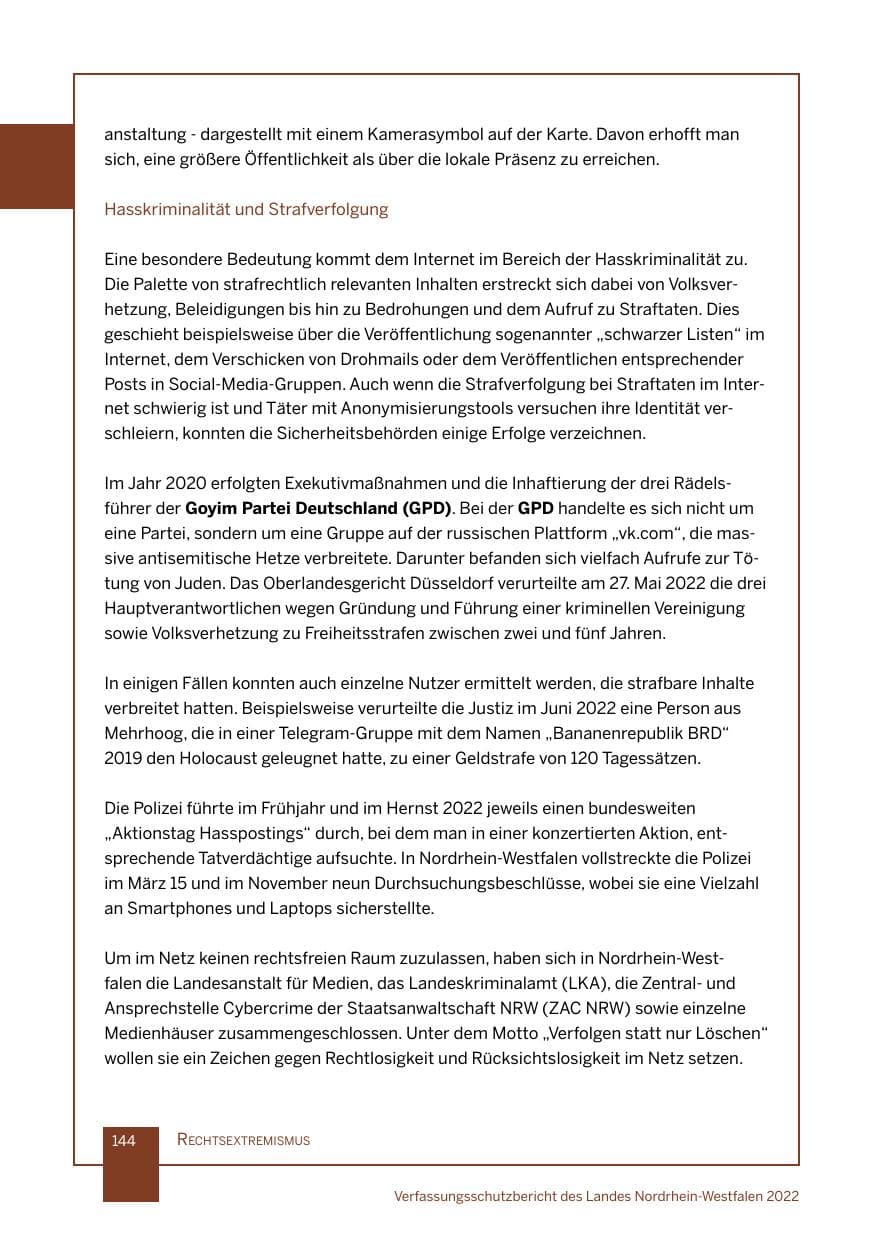 Seite 144 des Verfassungsschutzbericht 2022 Nordrhein-Westfalen