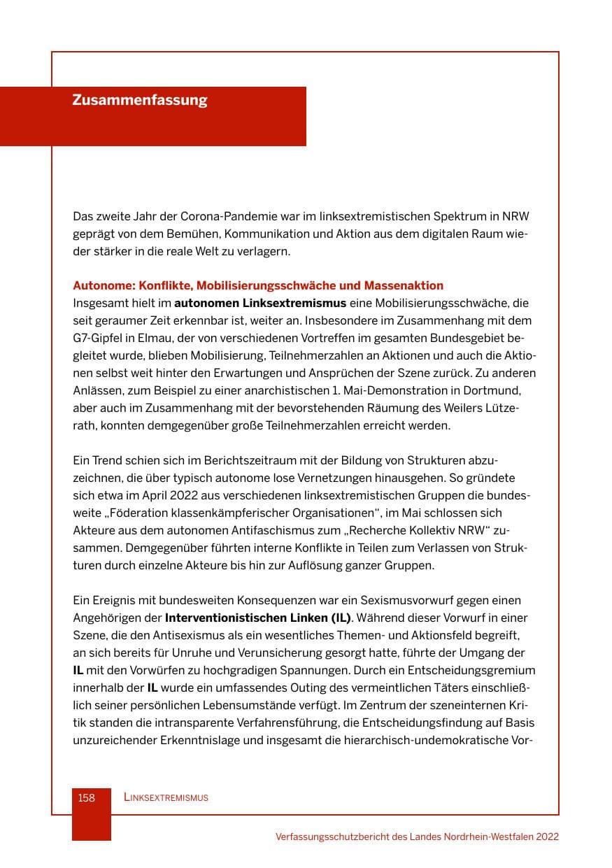Seite 158 des Verfassungsschutzbericht 2022 Nordrhein-Westfalen