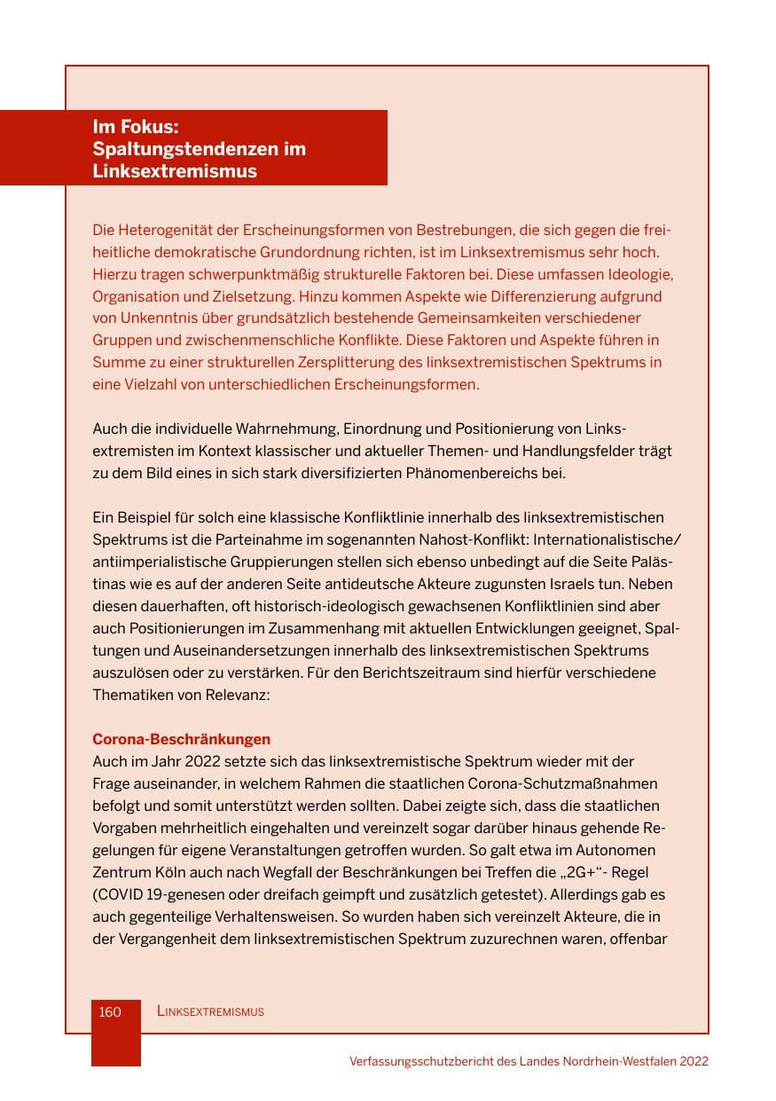 Seite 160 des Verfassungsschutzbericht 2022 Nordrhein-Westfalen