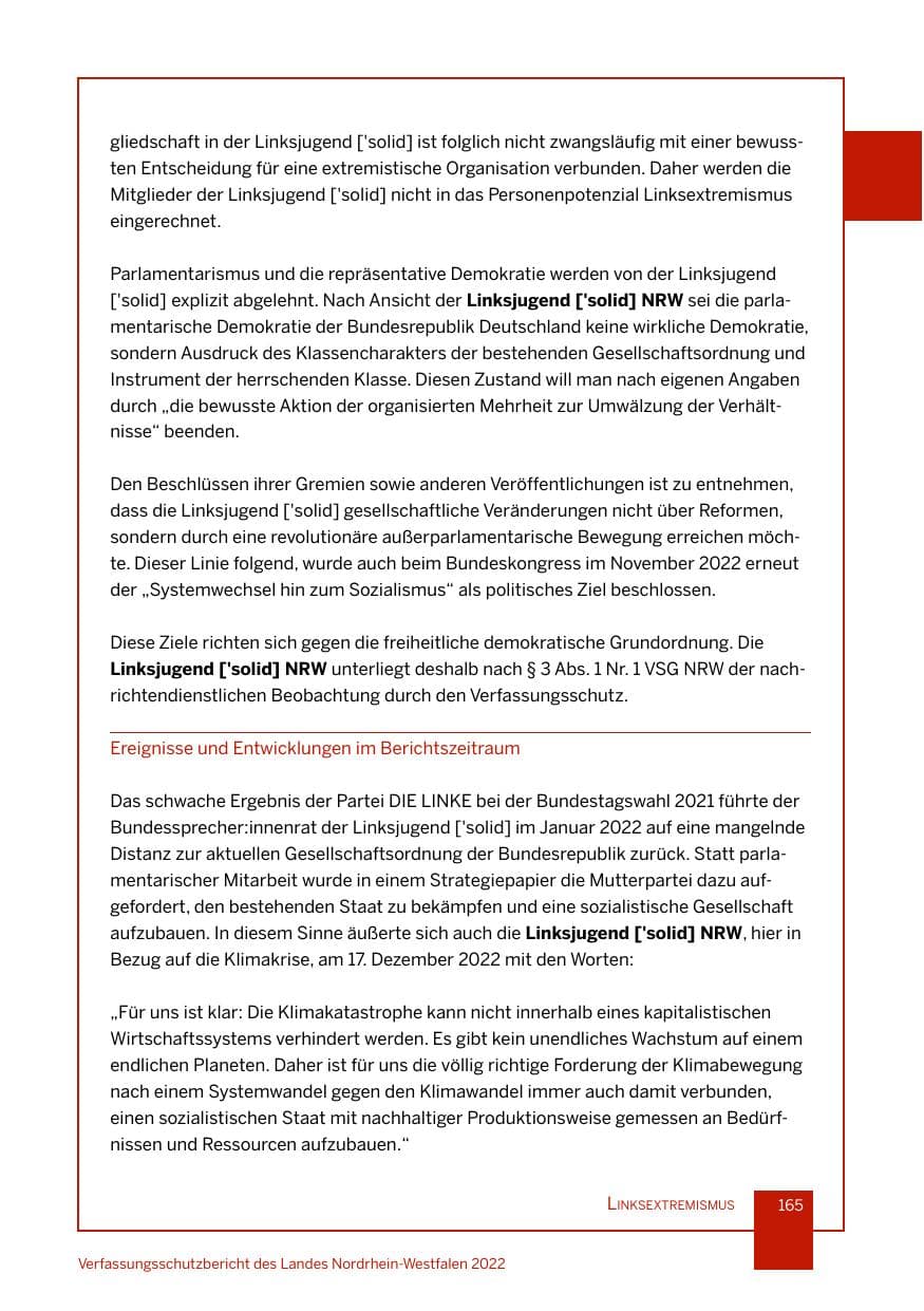 Seite 165 des Verfassungsschutzbericht 2022 Nordrhein-Westfalen