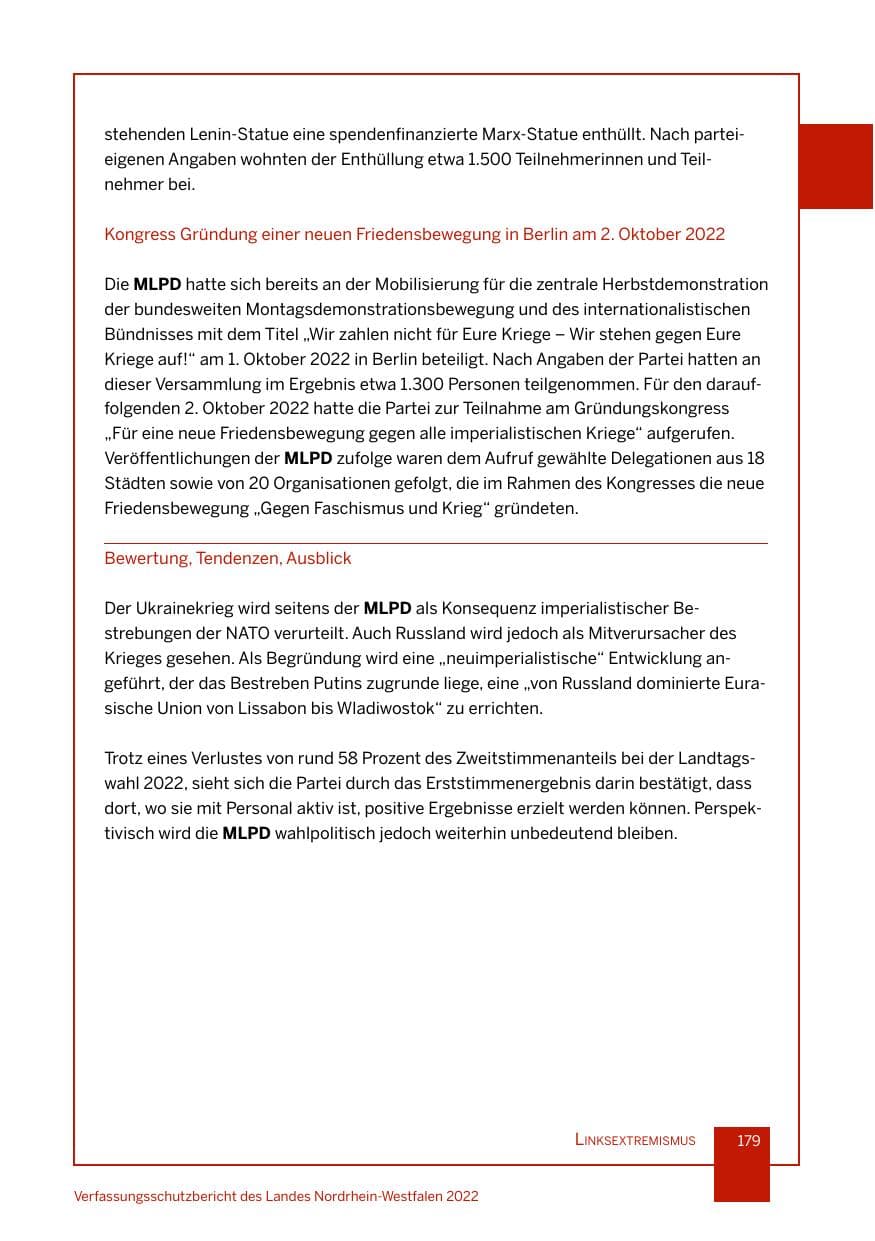 Seite 179 des Verfassungsschutzbericht 2022 Nordrhein-Westfalen