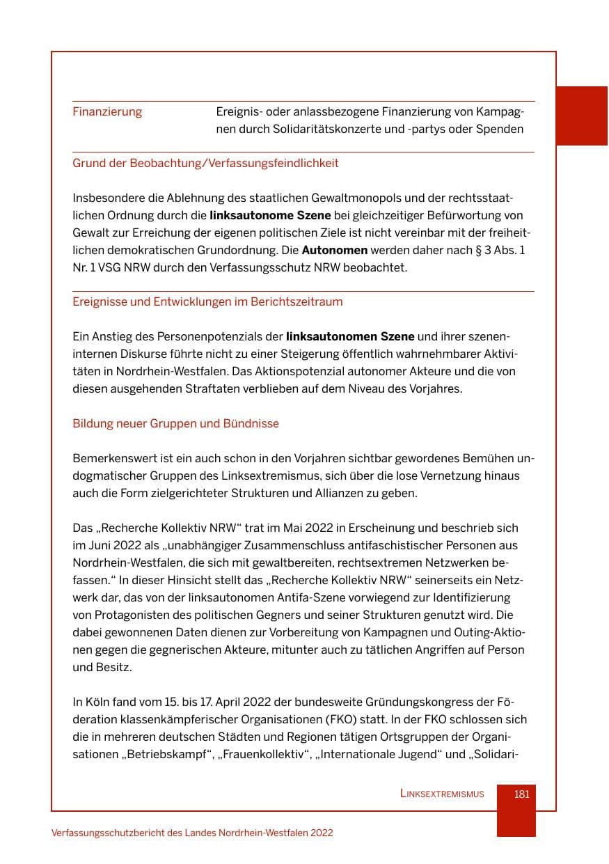 Seite 181 des Verfassungsschutzbericht 2022 Nordrhein-Westfalen