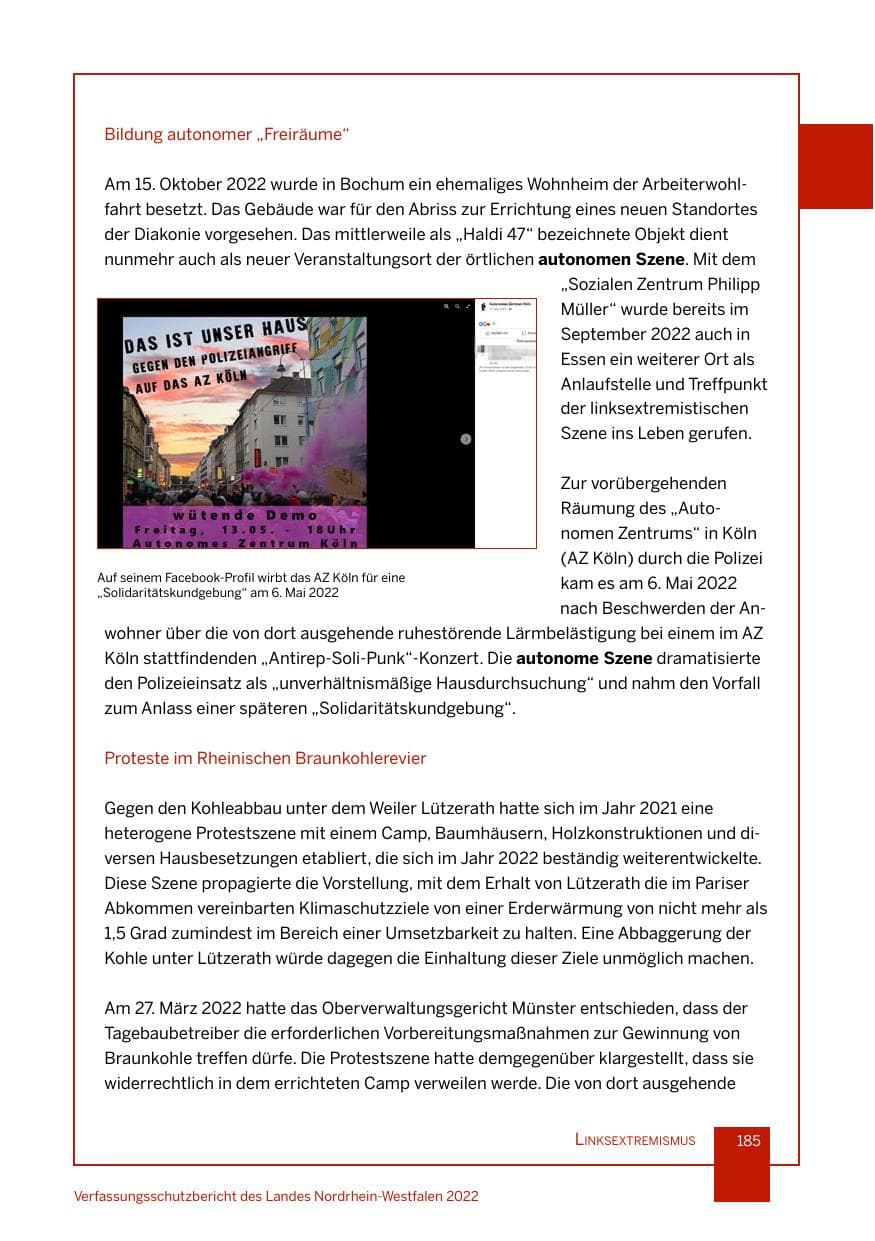 Seite 185 des Verfassungsschutzbericht 2022 Nordrhein-Westfalen