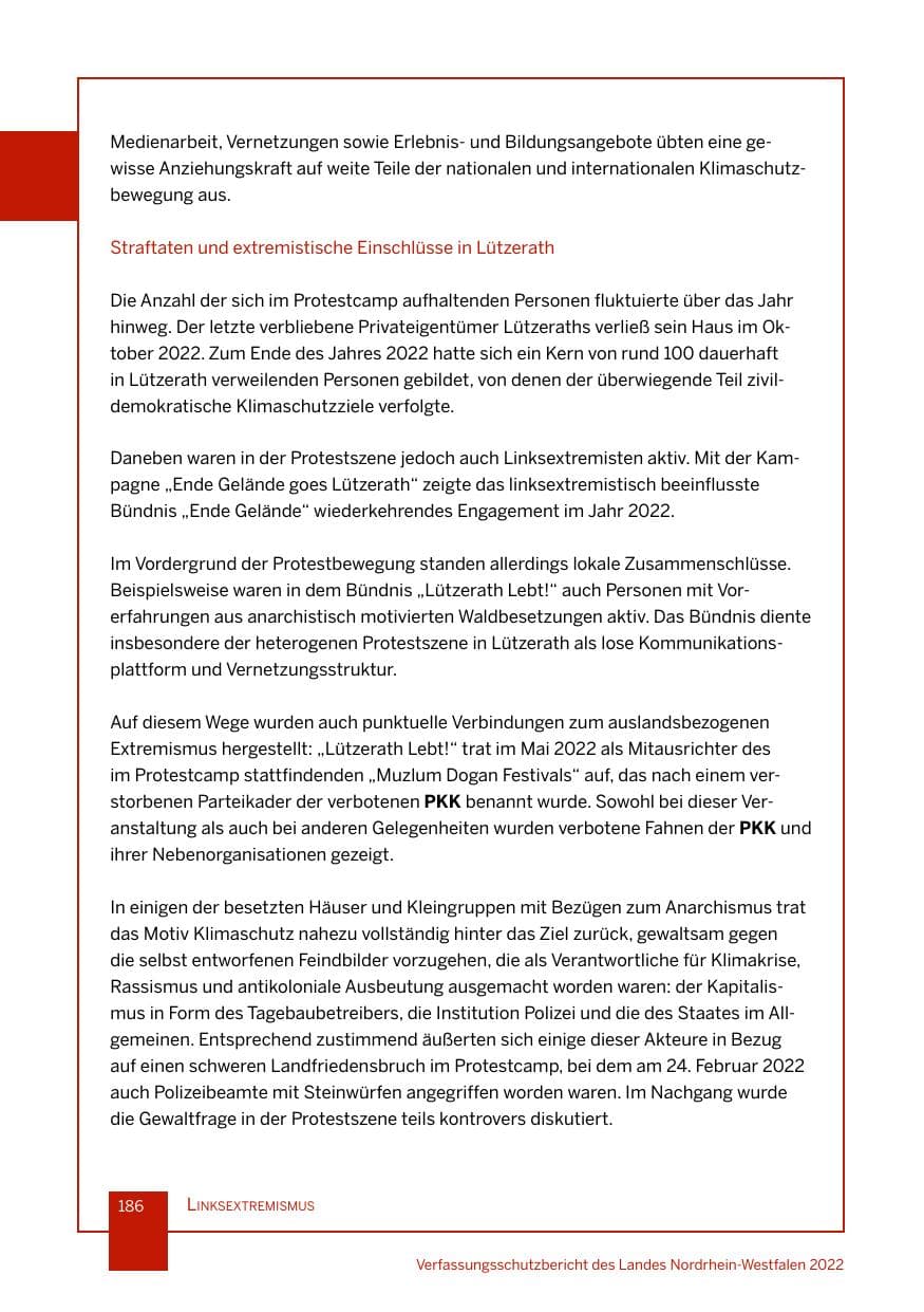 Seite 186 des Verfassungsschutzbericht 2022 Nordrhein-Westfalen