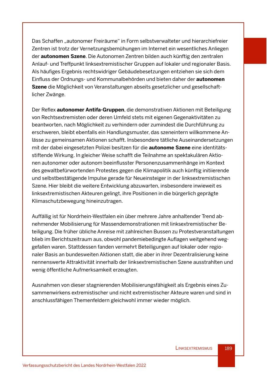 Seite 189 des Verfassungsschutzbericht 2022 Nordrhein-Westfalen
