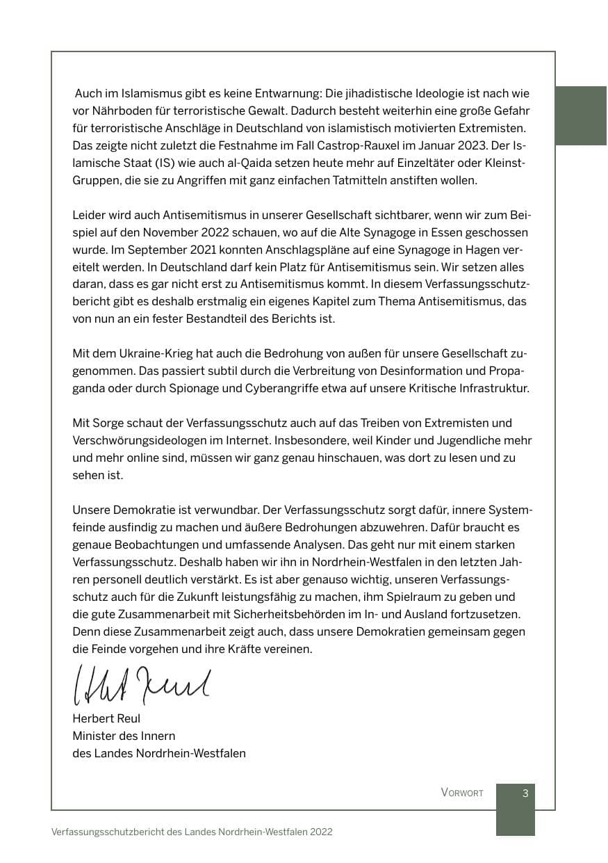 Seite 3 des Verfassungsschutzbericht 2022 Nordrhein-Westfalen