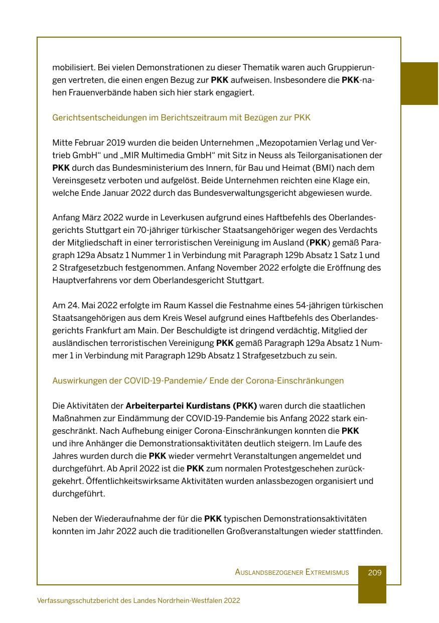 Seite 209 des Verfassungsschutzbericht 2022 Nordrhein-Westfalen