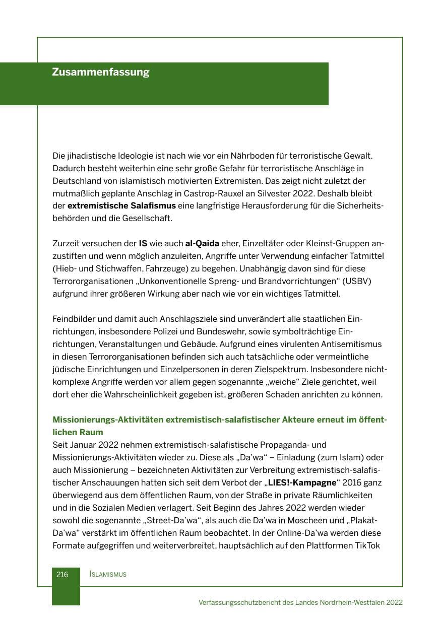 Seite 216 des Verfassungsschutzbericht 2022 Nordrhein-Westfalen