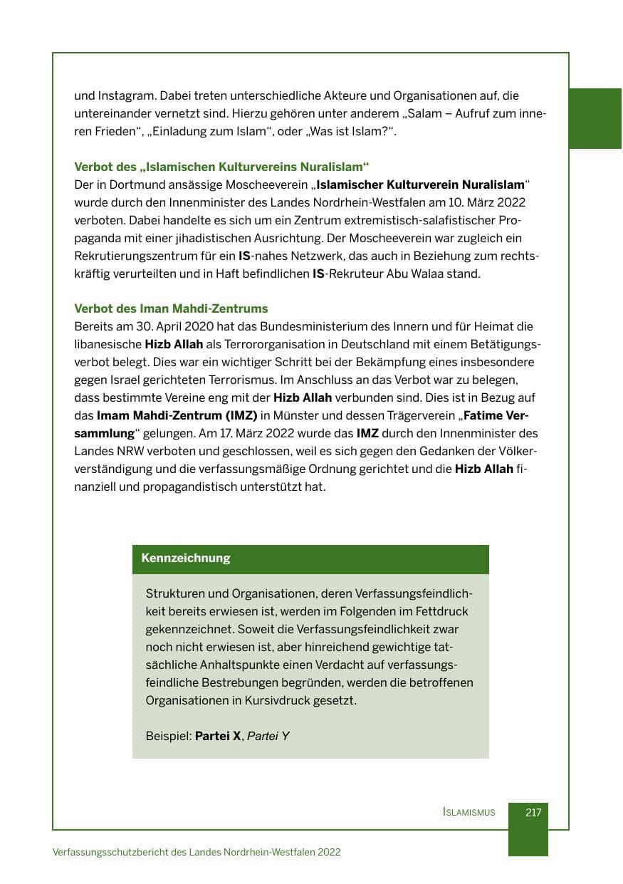 Seite 217 des Verfassungsschutzbericht 2022 Nordrhein-Westfalen