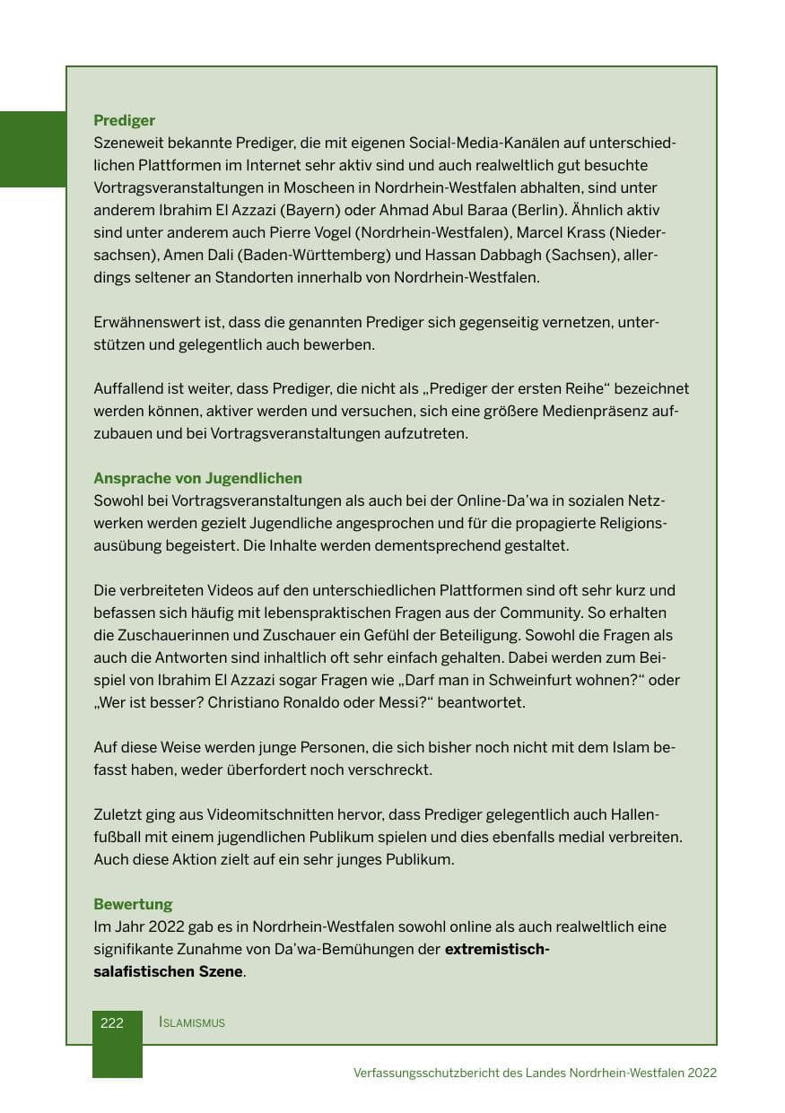 Seite 222 des Verfassungsschutzbericht 2022 Nordrhein-Westfalen