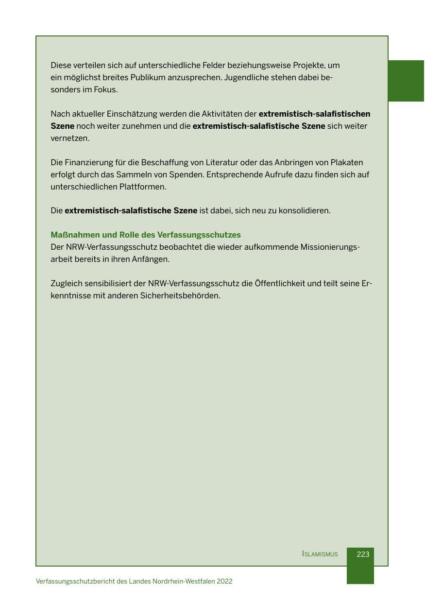 Seite 223 des Verfassungsschutzbericht 2022 Nordrhein-Westfalen