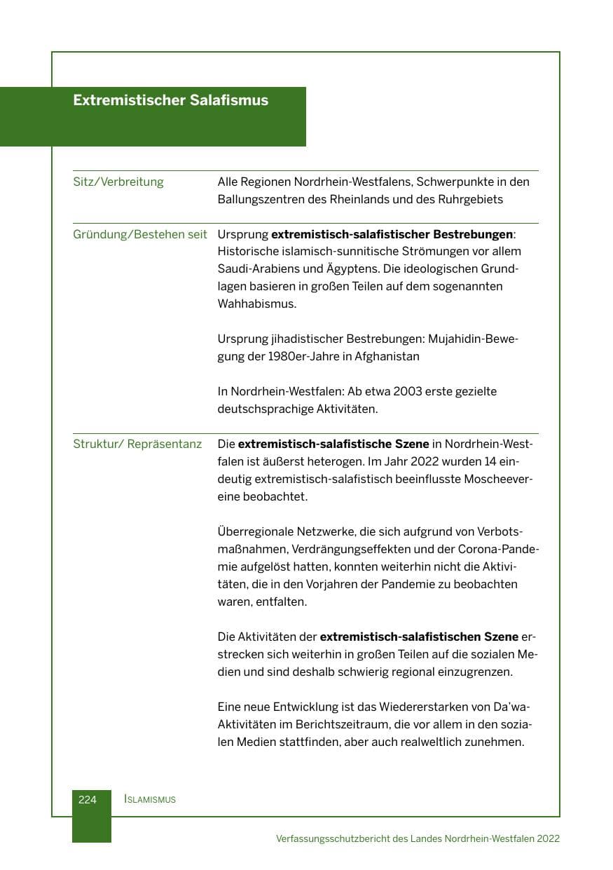 Seite 224 des Verfassungsschutzbericht 2022 Nordrhein-Westfalen