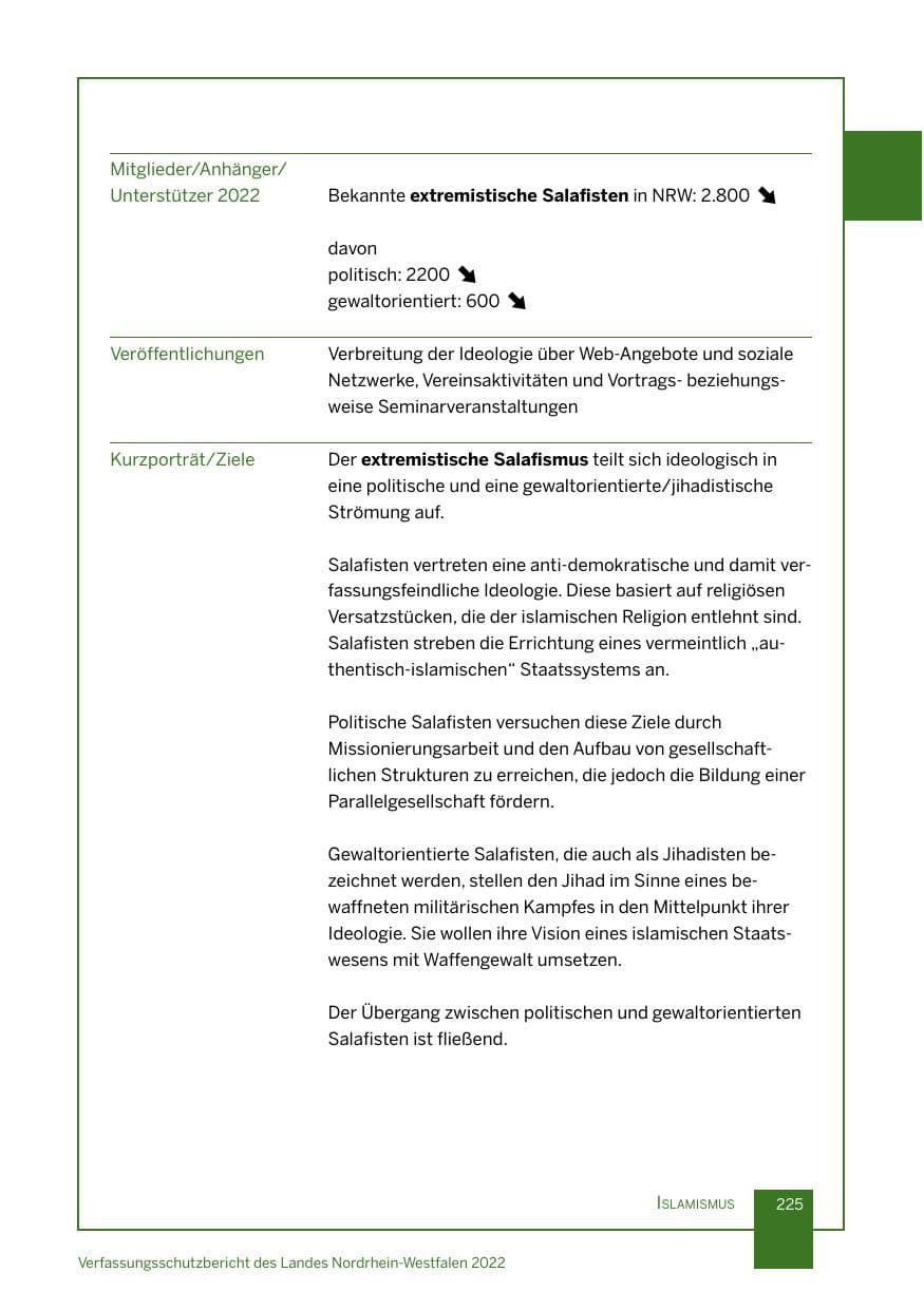 Seite 225 des Verfassungsschutzbericht 2022 Nordrhein-Westfalen