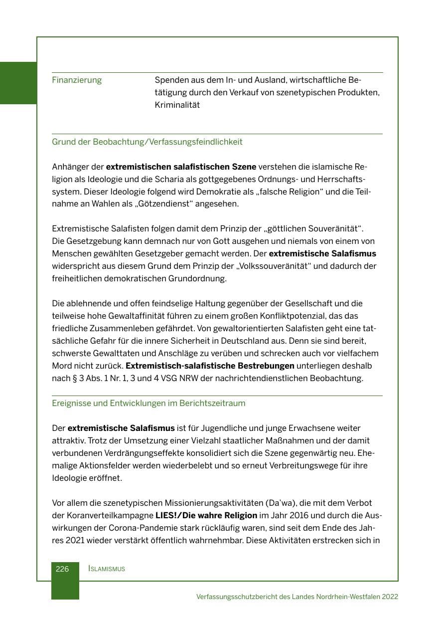 Seite 226 des Verfassungsschutzbericht 2022 Nordrhein-Westfalen
