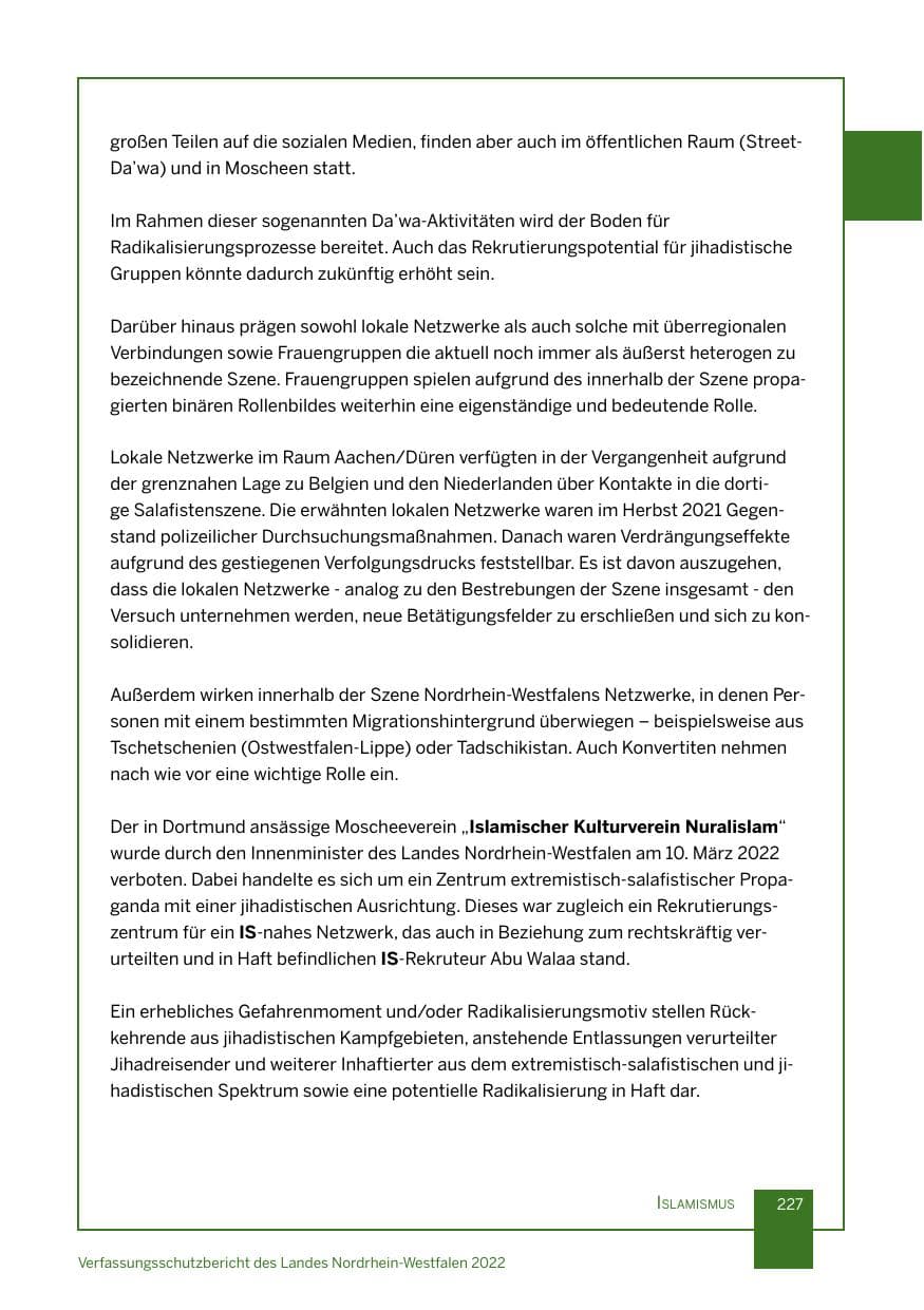 Seite 227 des Verfassungsschutzbericht 2022 Nordrhein-Westfalen
