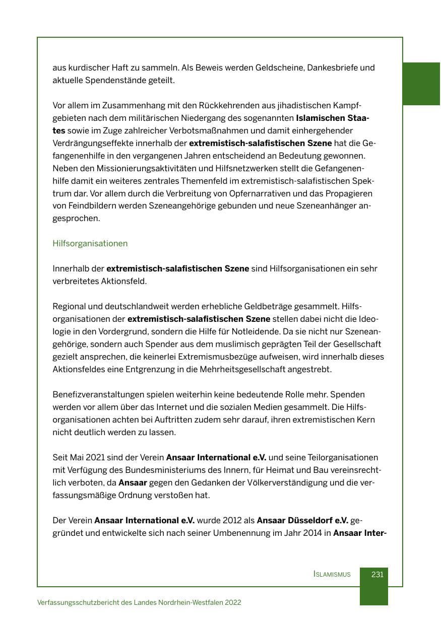 Seite 231 des Verfassungsschutzbericht 2022 Nordrhein-Westfalen