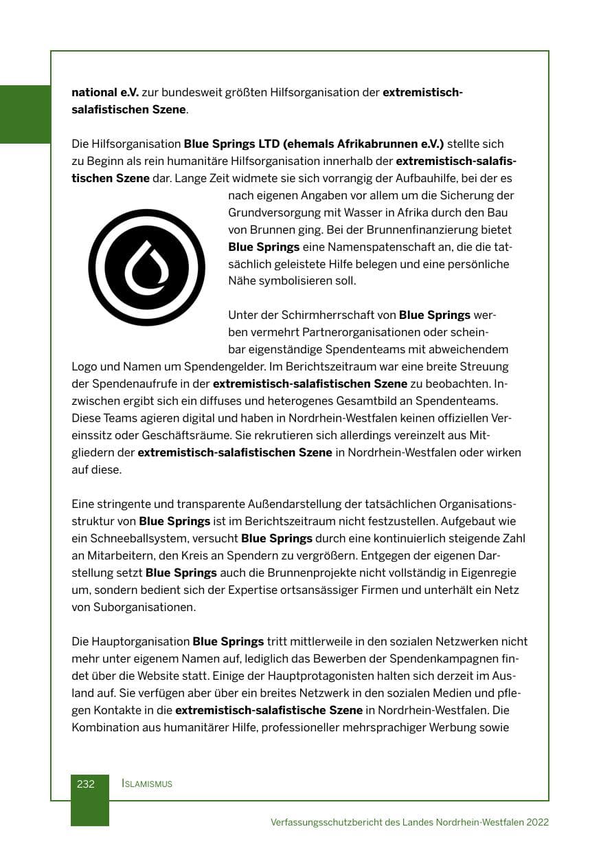 Seite 232 des Verfassungsschutzbericht 2022 Nordrhein-Westfalen
