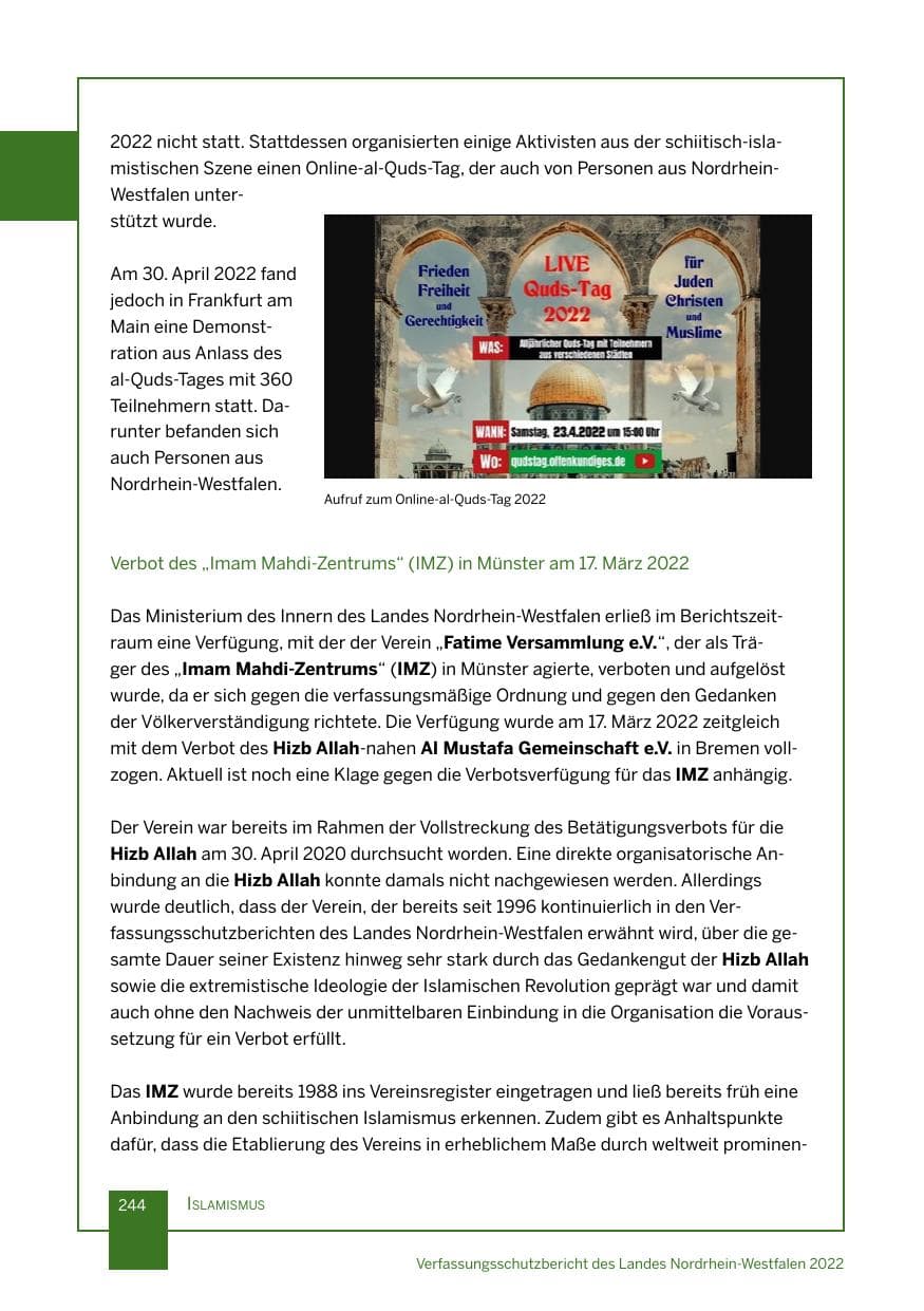 Seite 244 des Verfassungsschutzbericht 2022 Nordrhein-Westfalen